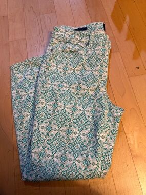 Chico's White and Teal Patterned Skinny Jeans
